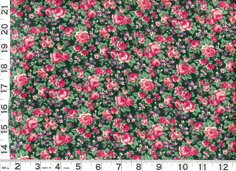 Dark green quilting fabric with pink and cream rose floral print, sewing by the yard