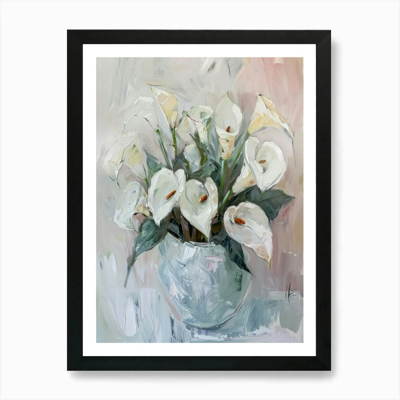 Framed wall art canvas print of white calla lilies in a soft pastel bouquet