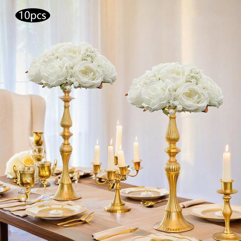 White artificial peony flower balls centerpiece with gold candlestick bases, 2 bouquet heads