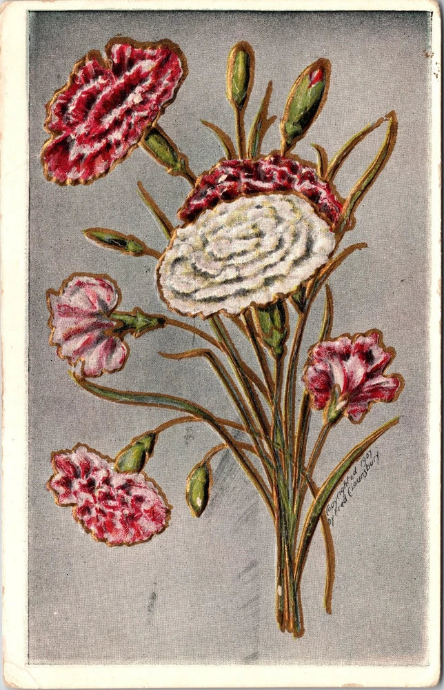 Antique divided-back floral postcard with red and white carnation bouquet illustration