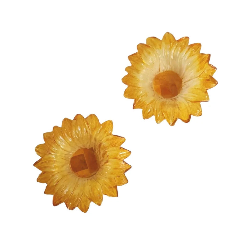 Acrylic translucent sunflower candle holder set of 2, gold with orange center