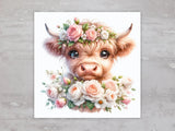 Highland Cow With Roses Square Fabric Panel Quilt Craft Sewing Quilt Block A38 Roses