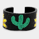 NEW Cactus & Sunflowers Black Seed Bead Adjustable Metal Wire Open Cuff Bracelet Sunflower