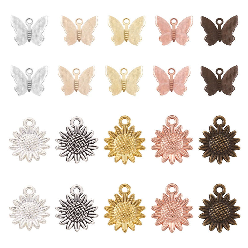 Metal dangle charms with butterfly and sunflower designs, silver, gold, pink, and dark bronze