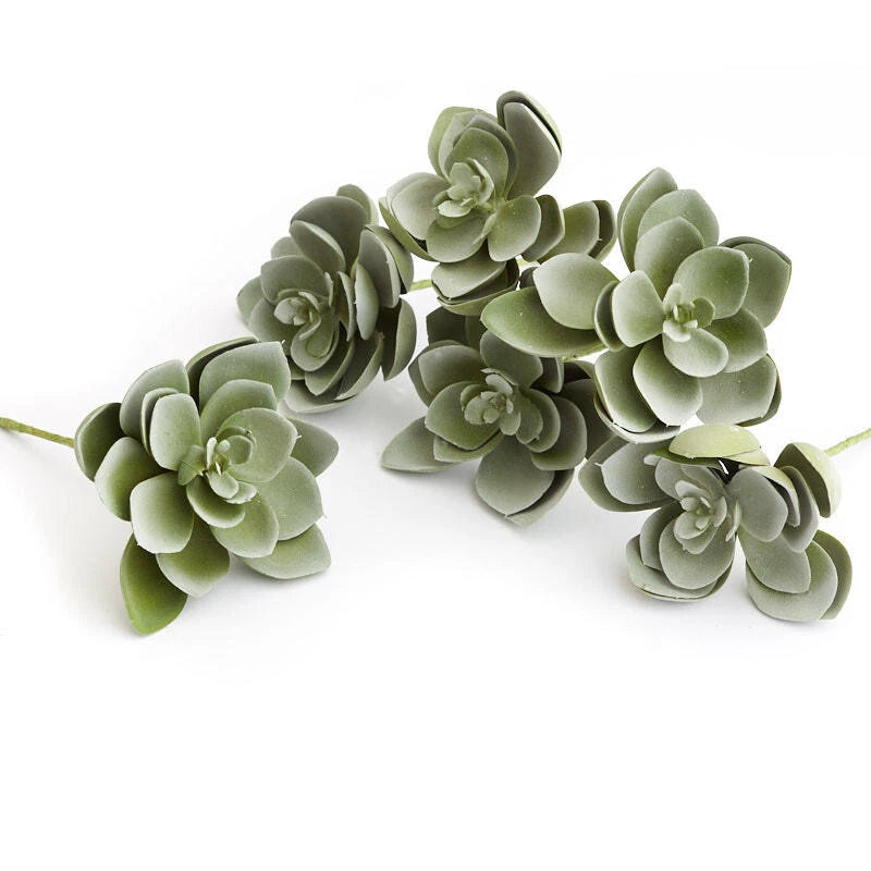 Artificial hen and chick succulent picks with dusty green rosettes on stems