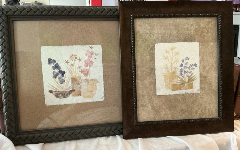 Set of 2 framed pressed-flower artworks on handmade paper, matted