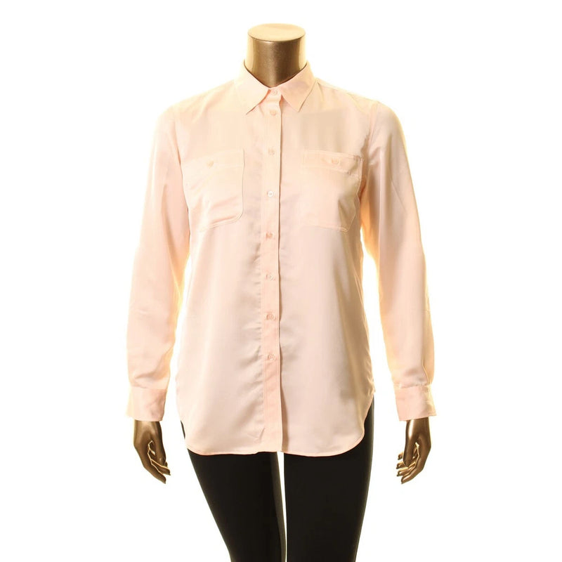 Light pink silky button-down shirt with long sleeves, point collar, and chest pockets