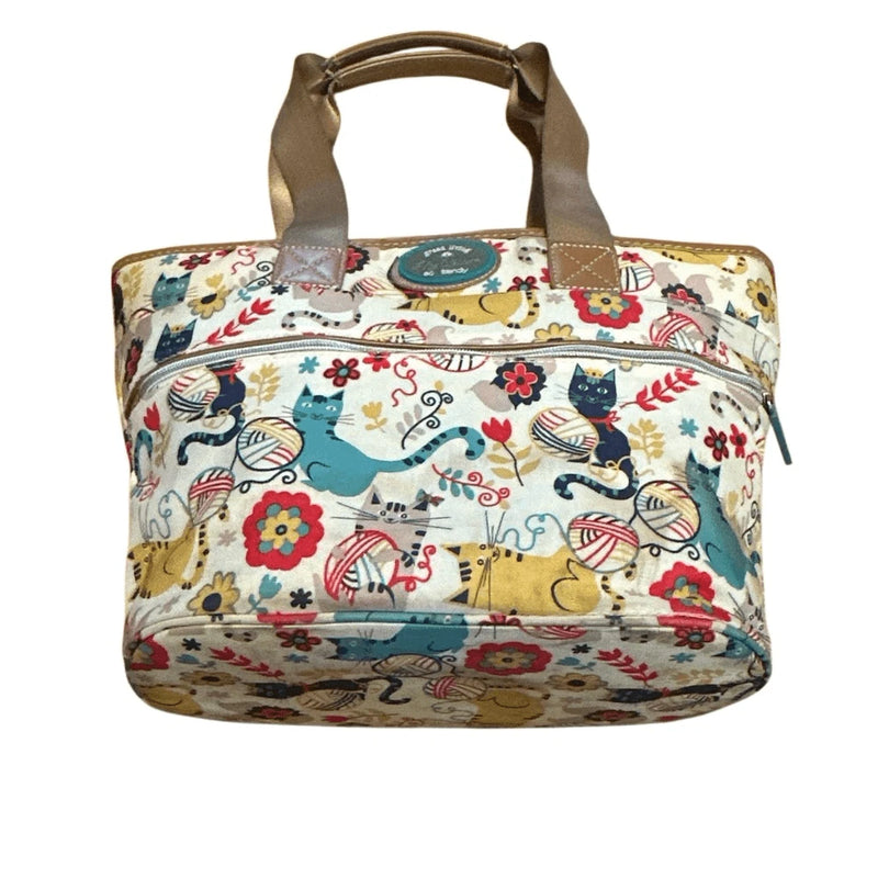 Insulated lunch bag with top handle and zipper, colorful cat pattern with paw details