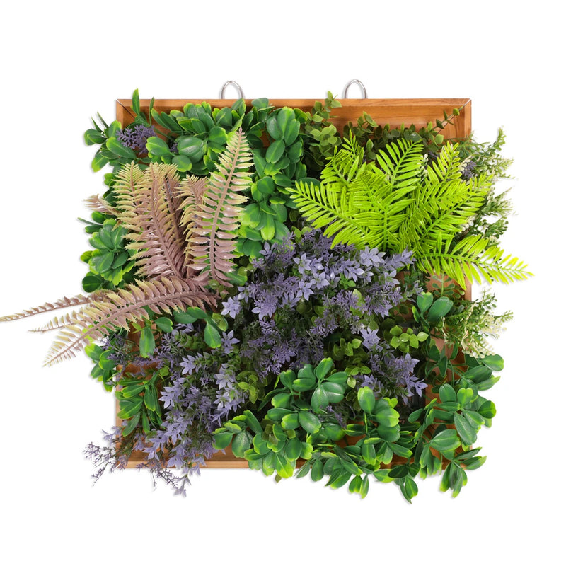 Artificial Plants Green Wall Decor with Square Wooden Frame 13in, Purple Green Plant