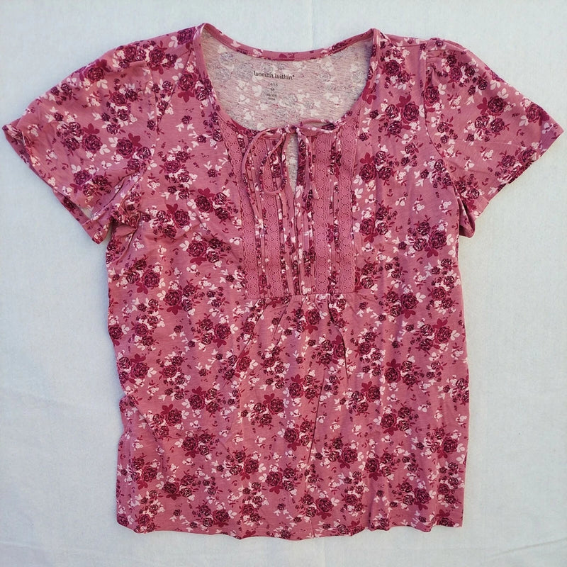 NWOT Woman Within Top Size M 14/16 Pink Floral Rose Print Lace Accents Front Tie Roses