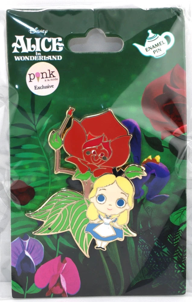 Enamel Alice in Wonderland roses mini pin with red rose, green leaves, and Alice figure