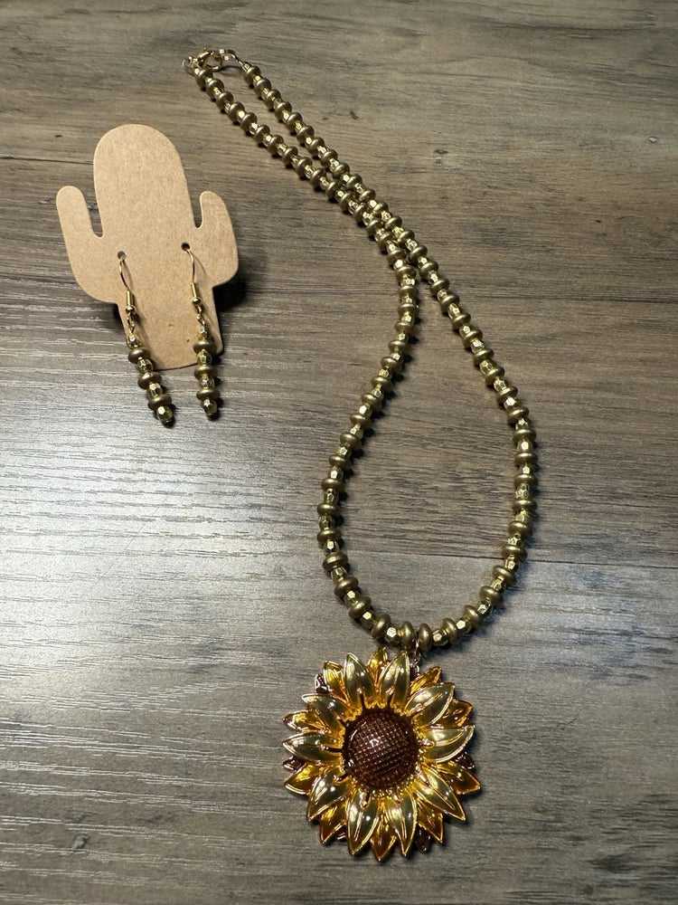 Handmade brass necklace with sunflower pendant and dangling earring set, bead chain