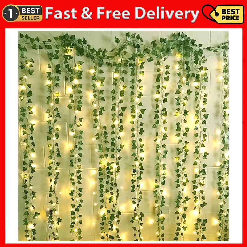 Artificial ivy hanging garland with small green leaf vines and warm LED lights