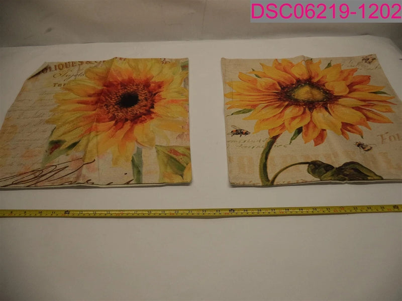 Set of 2 sunflower throw pillow covers, teal with large yellow orange flower art, 18x18