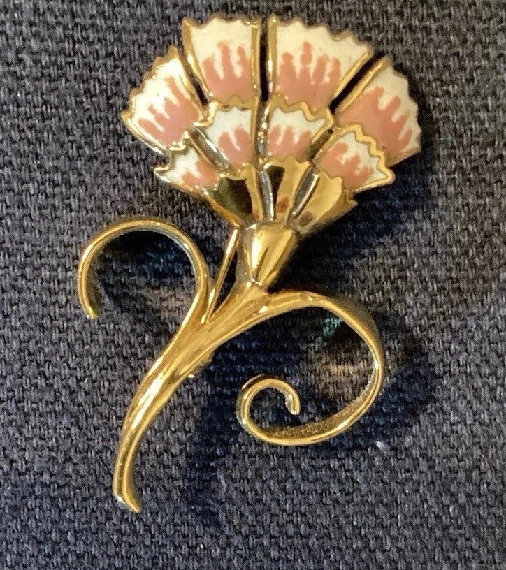 Vintage carnation brooch pin with gold-tone swirl and pink enamel flower cluster