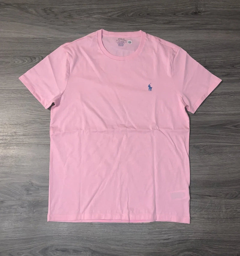 Men's slim-fit pink short-sleeve T-shirt with small chest logo