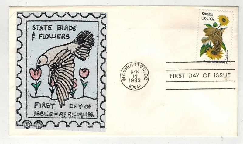 First day cover with Kansas sunflower and state birds & flowers postage stamp