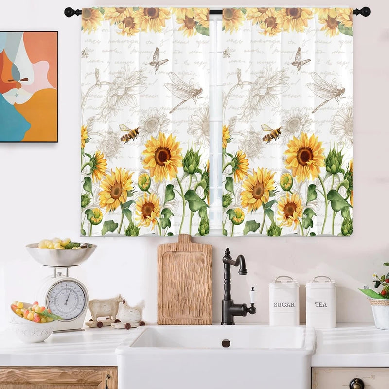 Sunflower kitchen curtains, yellow sunflower floral print, two panels with grommet tops