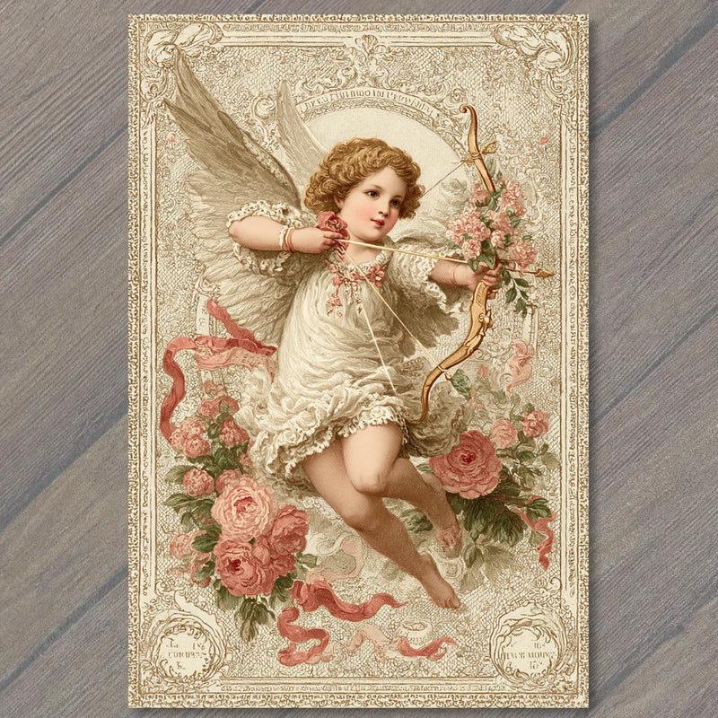 Victorian angel cupid postcard with ornate roses border