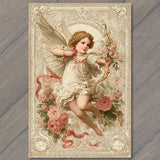 POSTCARD Cupid Angel Bow Roses Ornate Victorian Valentine Illustration Roses
