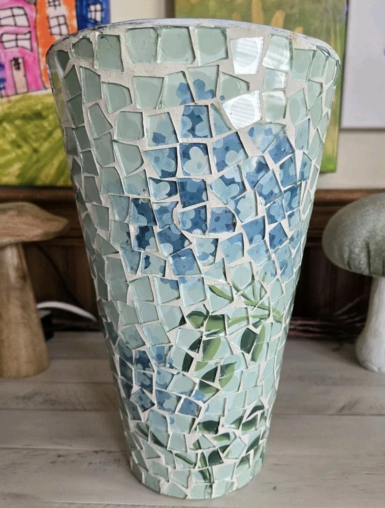 Mosaic Flower Vase With Metal Cylinder Hydrangea Print Large 13Ó Tall Hydrangea