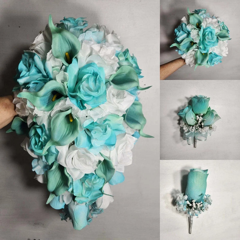 Aqua Tiffany White Rose Calla Lily Bridal Wedding Bouquet Accessories Bouquet
