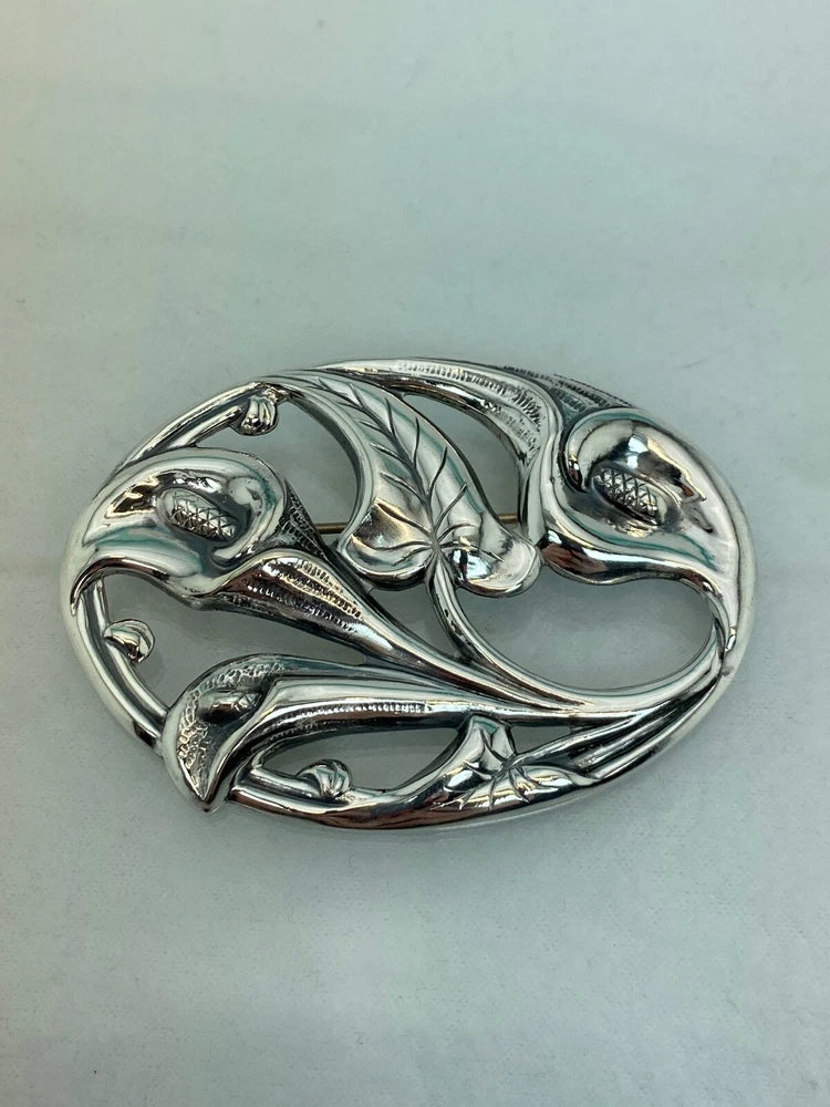 Danecraft Lily Brooch Vintage 1950s Sterling Silver Lily Flower Floral Leaf Lily