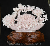 17.2" Chinese Natural Pink Xiu Jade Carving Peony Flower Bird Sculpture Peony