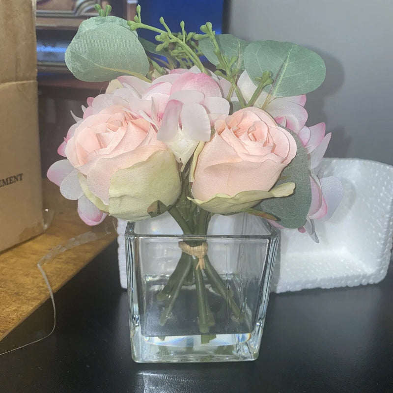 Hydrangea and Rose Artificial Flower Arrangement Cube Glass Vase Faux Hydrangea