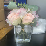 Hydrangea and Rose Artificial Flower Arrangement Cube Glass Vase Faux Hydrangea