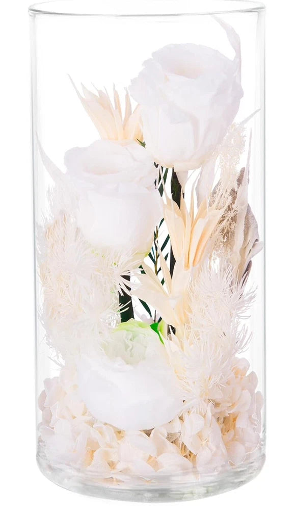 Glass dome dried flower arrangement with white preserved roses and pampas grass