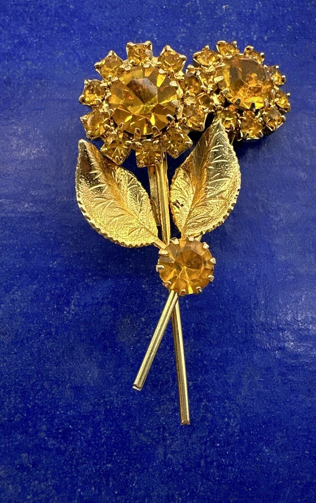 Vintage Estate Find Sunflower Brooch Not Signed Gold Amber Colored Stones Sunflower