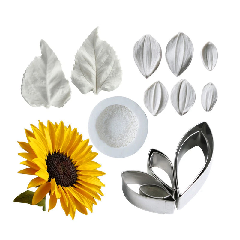 Sunflower fondant silicone mold set with petal, leaf, and stamen cutters, 3D shapes
