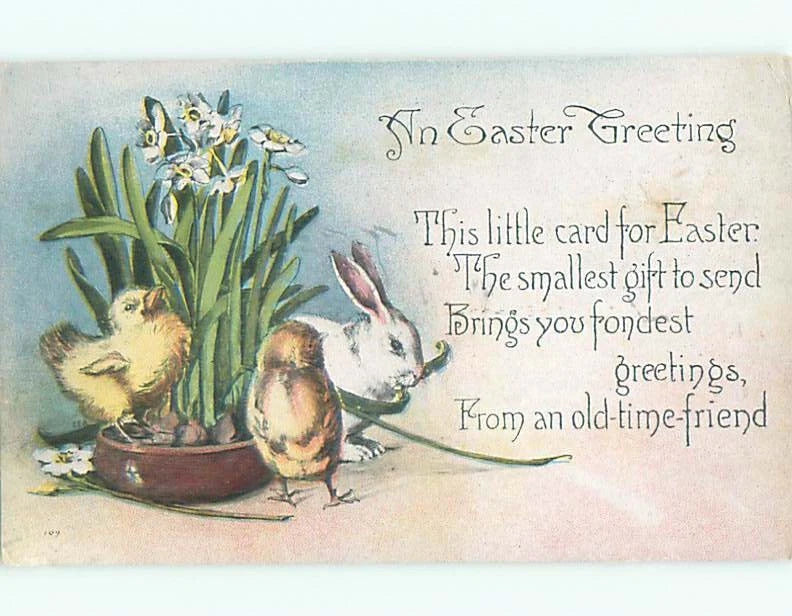 Vintage Easter greeting card with bunny, chicks, and potted white lily flowers