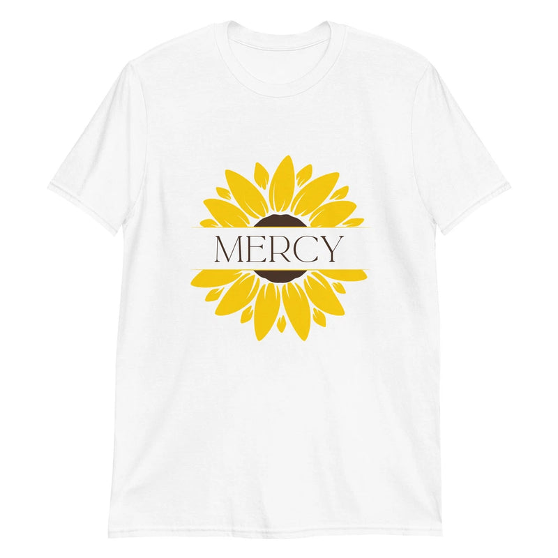 White crewneck T-shirt with yellow sunflower and MERCY graphic