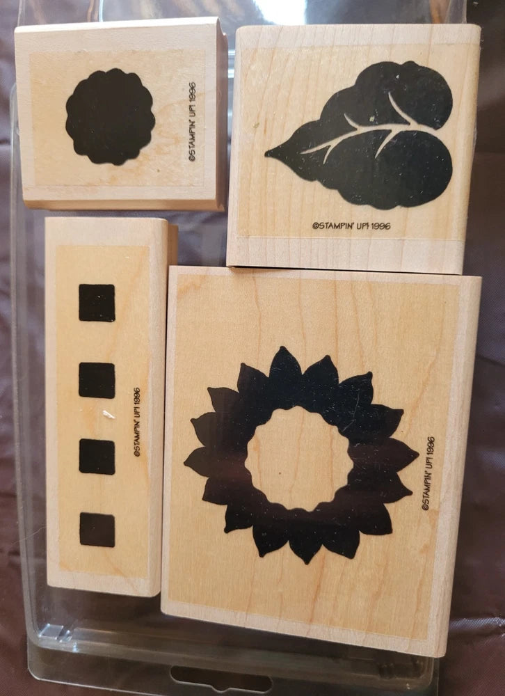 Vintage sunflower rubber stamps on wooden blocks with small square accents