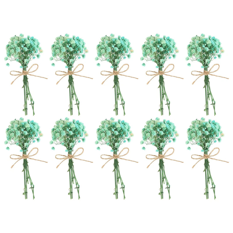 Set of 10 mini sky-blue dried baby's breath bouquets with green stems and twine ties