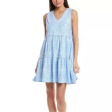 Duffield Lane Goldie Blue Hydrangea Petal Floral Mini Dress Sz L Tiered Ruffle Hydrangea