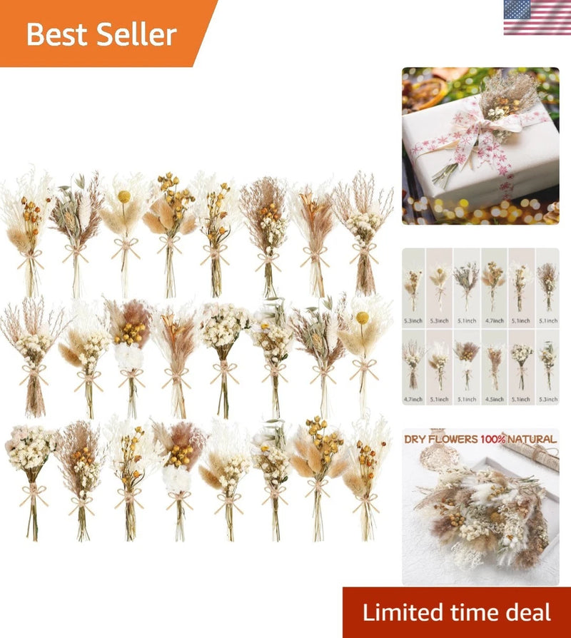 Pack of dried wildflower mini bouquets, tied stems with beige and tan blooms