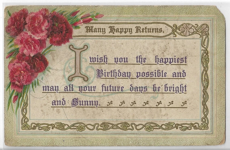 Vtg Postcard - Birthday - Many Happy Returns - Poem w/Red & Pink Carnations Carnation