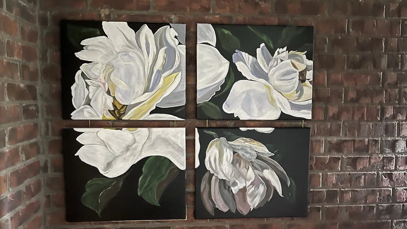 Peonies original canvas painting set, four-panel display with white peony flowers