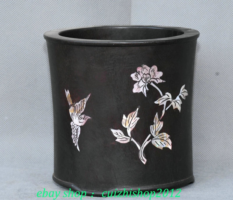 5.5'' Old Wood Inlay Shell Peony Flower Bird Birds Brush Pot Pencil Holder Vase Peony
