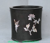 5.5'' Old Wood Inlay Shell Peony Flower Bird Birds Brush Pot Pencil Holder Vase Peony