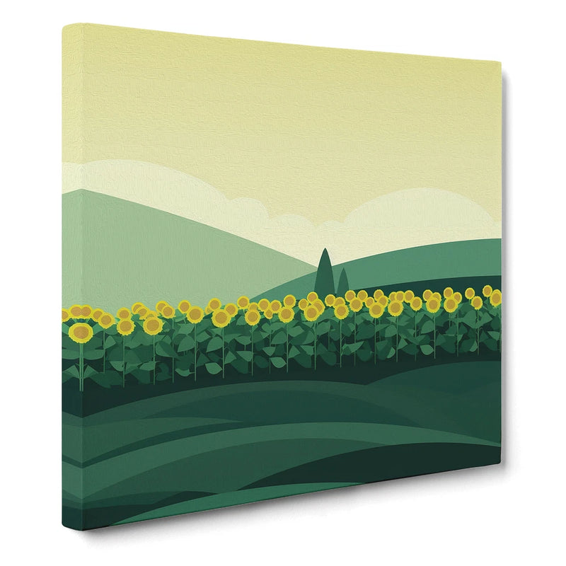 Stretched canvas wall art print with green landscape and rows of yellow sunflowers