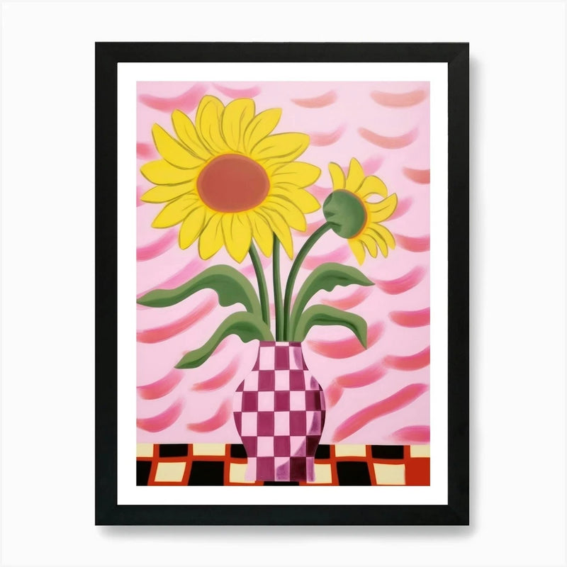 Framed sunflower flower art print with yellow blooms in checkered vase