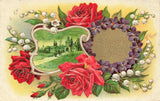 Postcard Birthday Greeting Embossed Village Scene Towers Flowers Roses Lilies Lily
