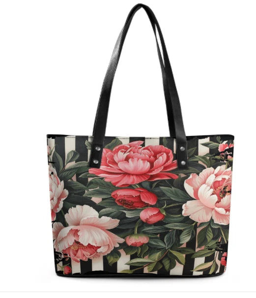 Peony floral tote bag with black handles, rectangular shape, and open top