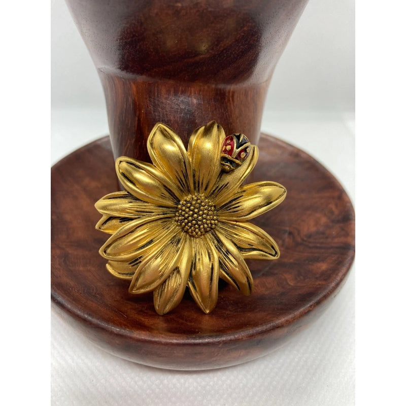 Vintage 90s Gold Toned Wild Sunflower Daisy Flower Enamel Lady Bug Brooch Sunflower