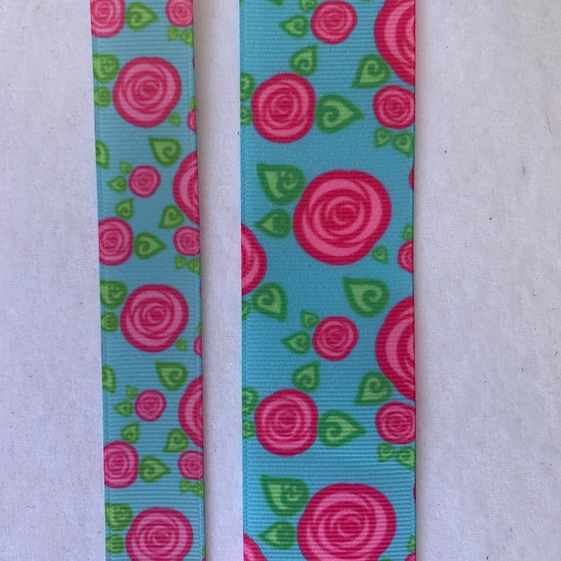 Floral Flowers grosgrain ribbon 7/8" 1.5" Rose Ranunculus pink blue Ranunculus