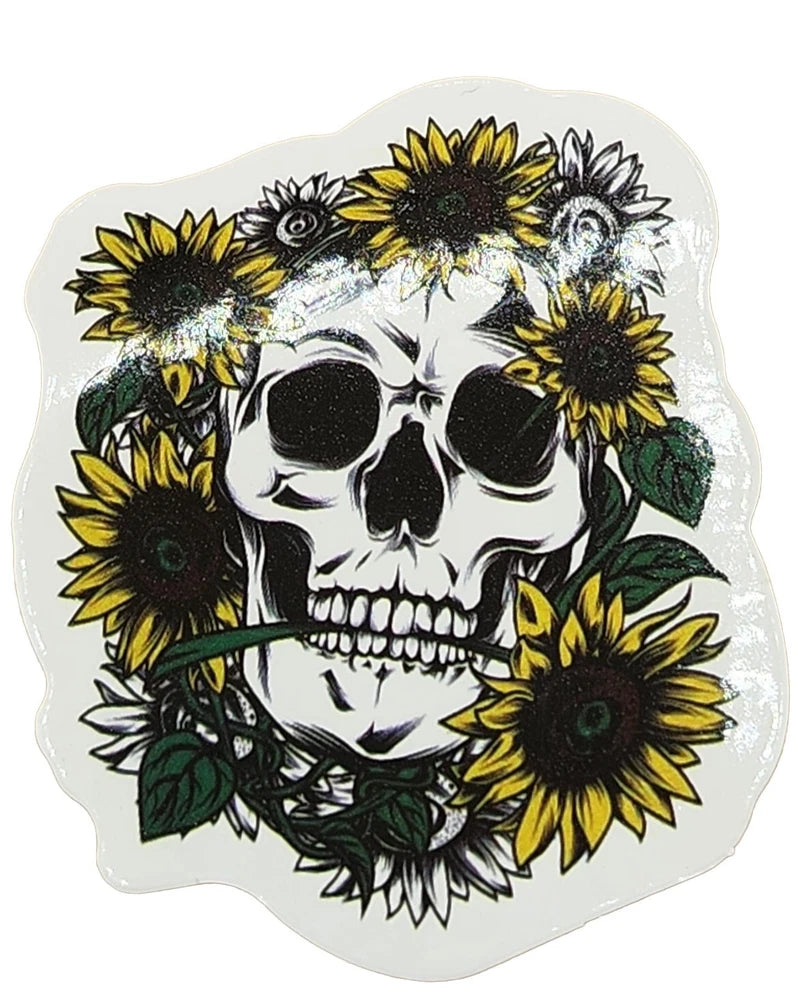 2-1/4" Skull Sunflowers Sticker Yellow Flower Print Skeleton Summer Punk Boho Sunflower